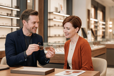 Optician helping a patient select premium eyewear in a modern independent optical practice.