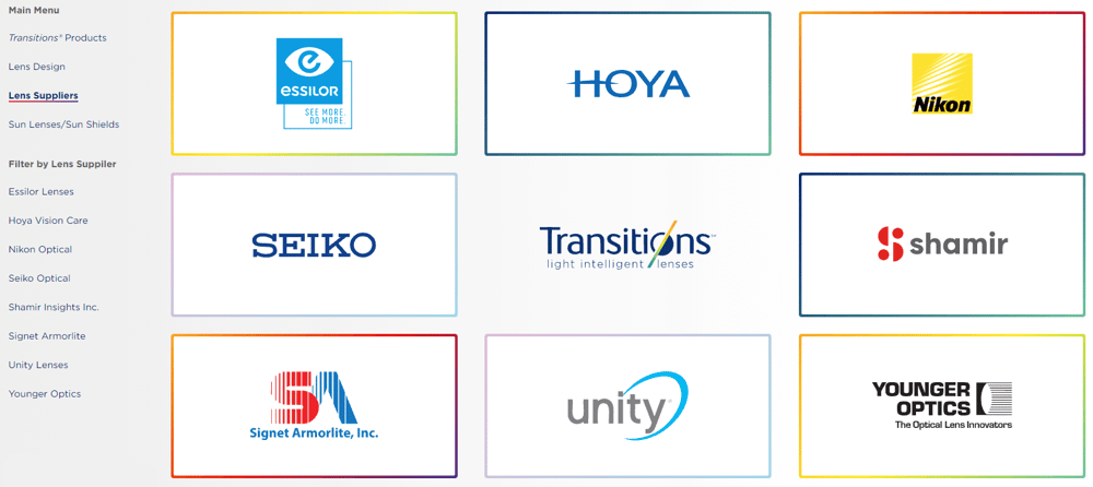 Transitions Lens Supplier section