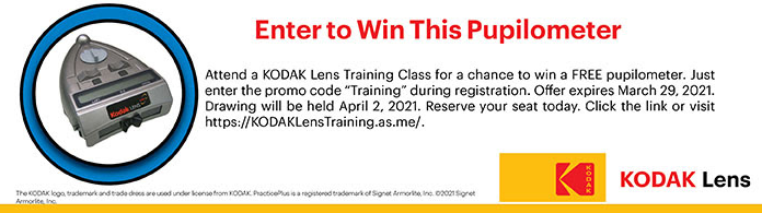 Win a free pupilometer by attending a Kodak Lens webinar through the end of March 2021