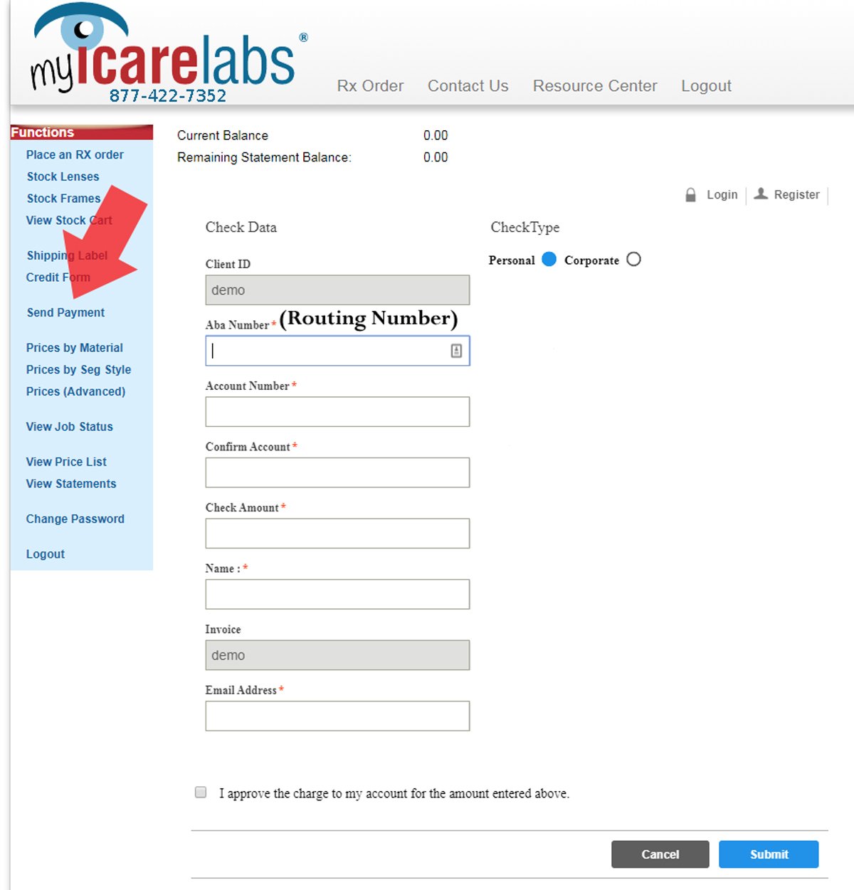 myIcareLabs New Online eCheck Payment System
